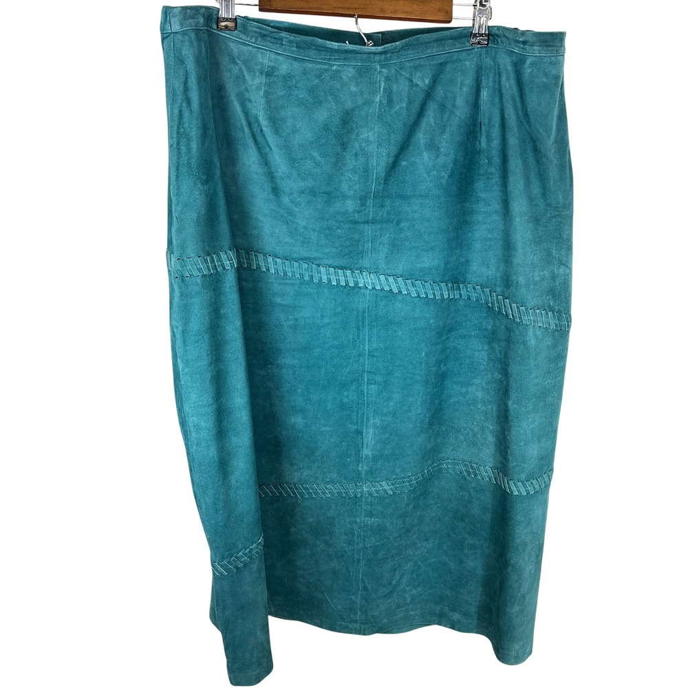 Dialogue Teal Blue Genuine Suede Leather Whipstitch Maxi Skirt Plus Size 22W Vtg